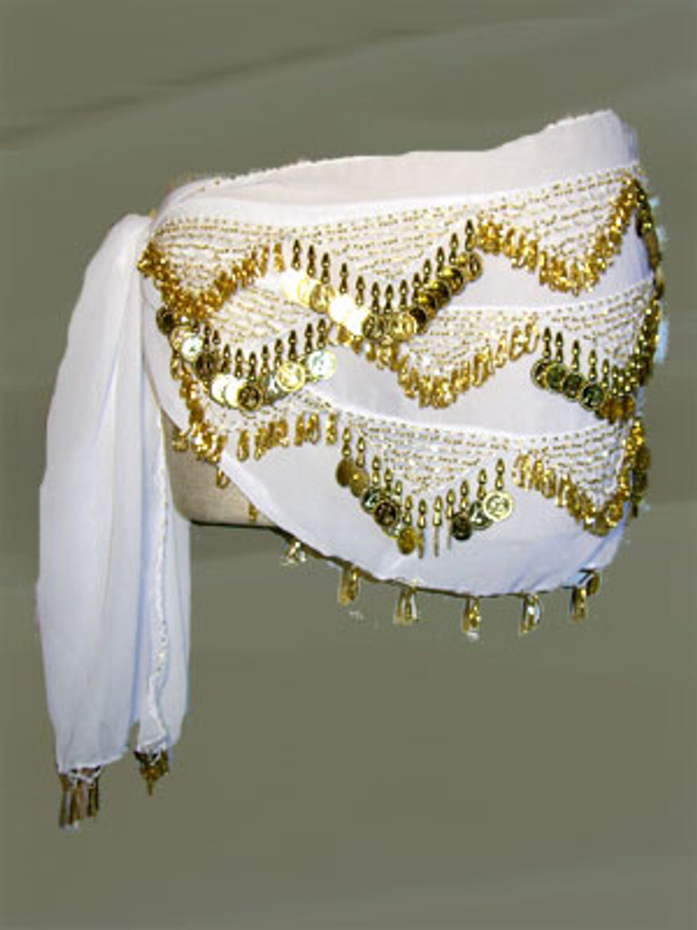 White and Gold Belly Dance Hip Scarf