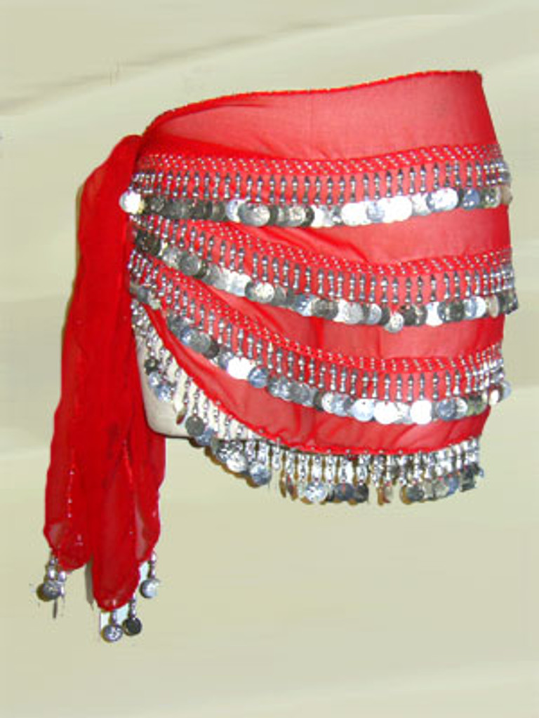 Sheer Red Belly Dance Hip Scarf with Silver