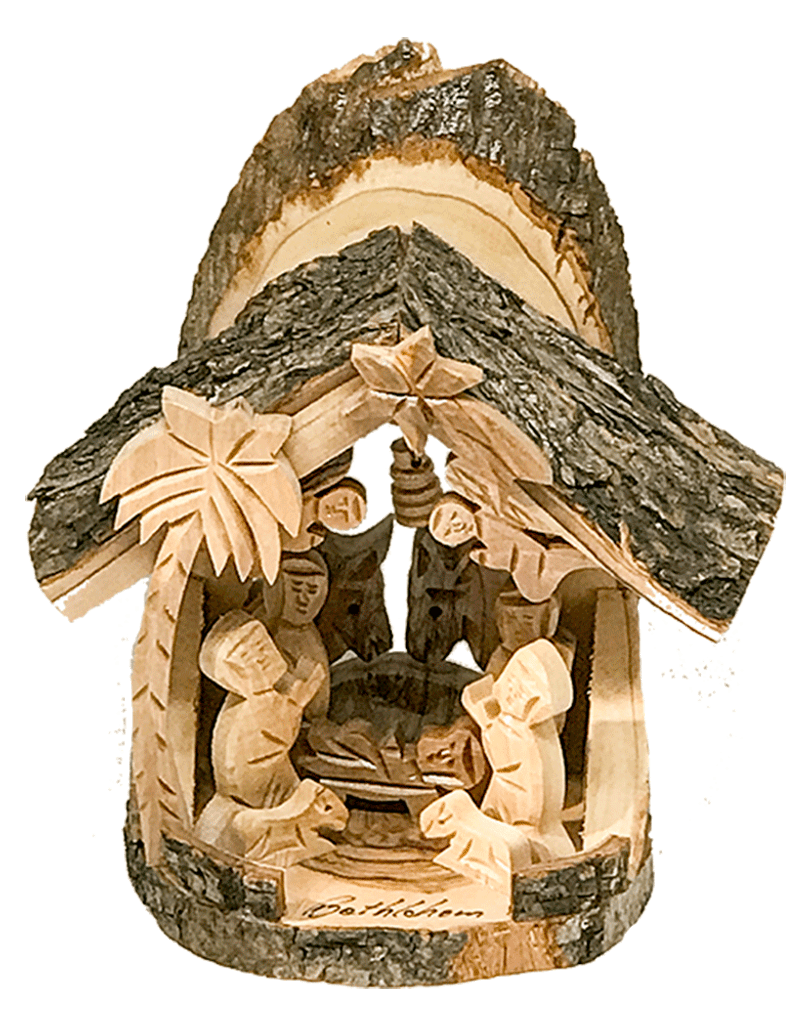 Nativity with bark roof and base hand carved from Olive wood in the Holy Land with Mary, Joseph, Baby Jesus, 2 Angels and 2 lambs 