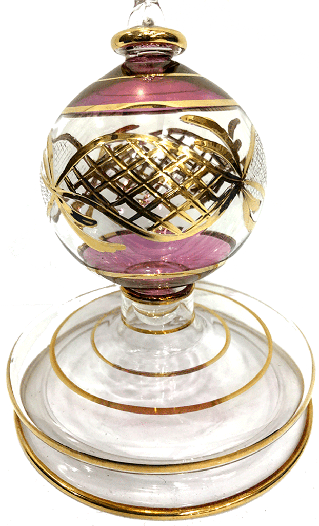 Christmas Tree Ornament, Burgundy at top and bottom, elaborate gold pattern over clear glass in the middle. Handmade in Egypt.