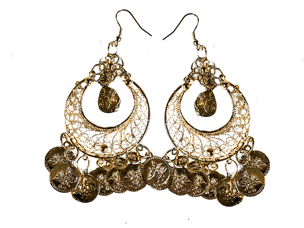 Coin Earrings with Filigree Crescent in Gold-tone