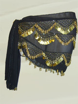 Sheer Black Belly Dance Hip Scarf Topped with Gold
