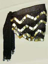 Belly Dance Hip Scarf with Black Beads and Gold Coins