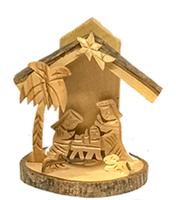 Small Nativity with bark roof and base hand carved from Olive wood in the Holy Land with Mary, Joseph, Baby Jesus and 2 lambs 