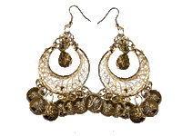 Coin Earrings with Filigree Crescent in Gold-tone