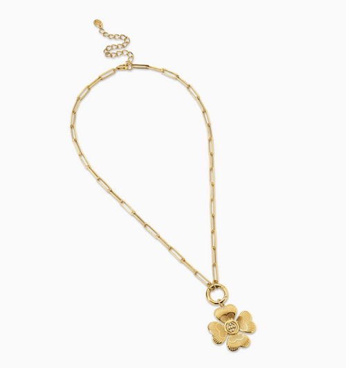 Gold Paperclip Choker with Flower Charm - Gold Vermeil 