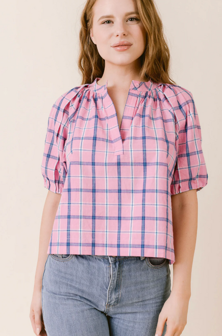 Henley Blouse - Pink Plaid 