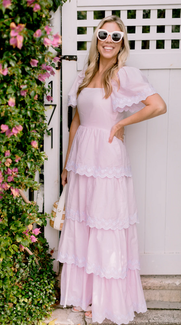 Square Neck Tiered Hem Maxi Dress-Blush