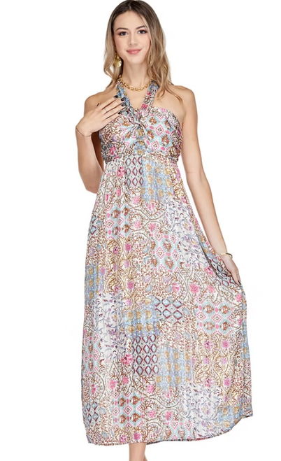 Tie Neck/Tie Bow Maxi Dress - Budding Vines Tie Neck/Tie Bow Maxi Dress - Budding Vines