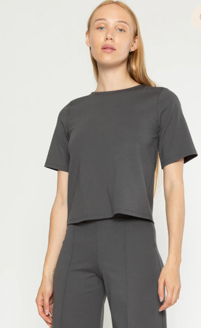 Ponte Knit Short Sleeve Top Extended-Gunmetal