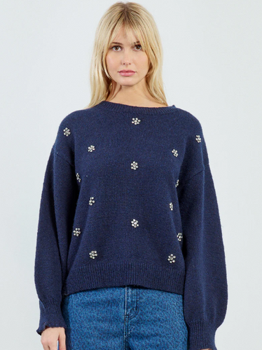 Rhinestone Flowers Knitted Sweater
