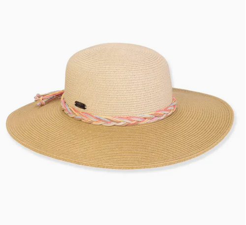 Straw Hat with Braided Pastel Ribbon