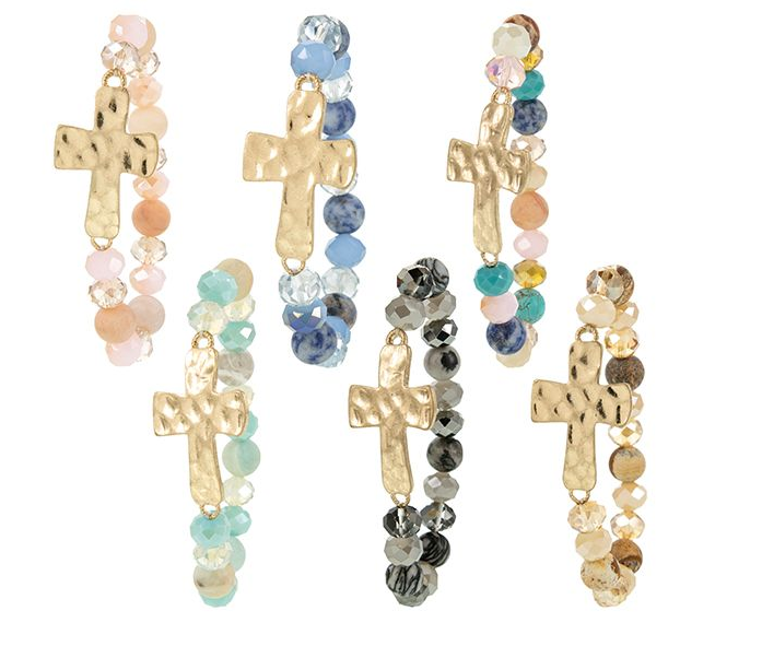 Hammered Cross Natural Stone Bracelet