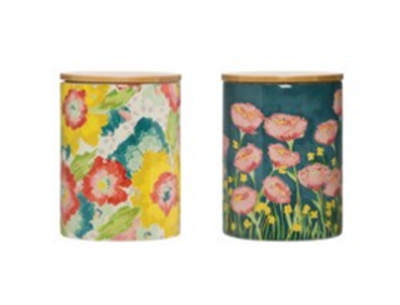 Stoneware Canisters with Flowers & Bamboo Lid