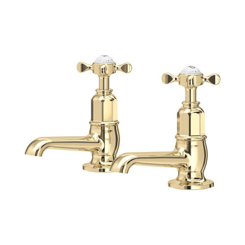 Perrin & Rowe 3476 Pair Basin Pillar Taps, Crosshead Handles - Gold