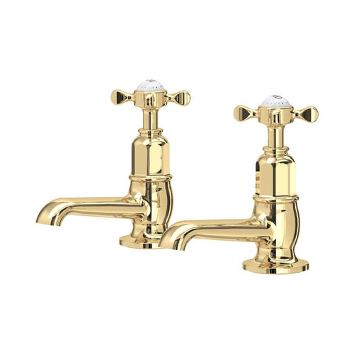 Perrin & Rowe 3476 Pair Basin Pillar Taps, Crosshead Handles - Polished Brass