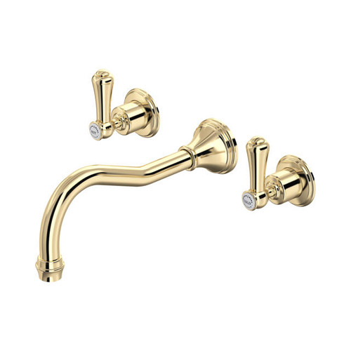 Perrin & Rowe 3783 Three Hole Country Wall Mounted Bath Tap, Lever Handles - Gold