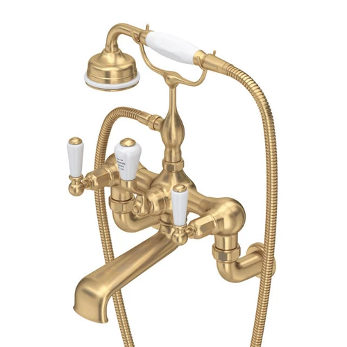 Perrin & Rowe 3510 Wall Mounted Shower Mixer Tap, Lever Handles - Satin Brass