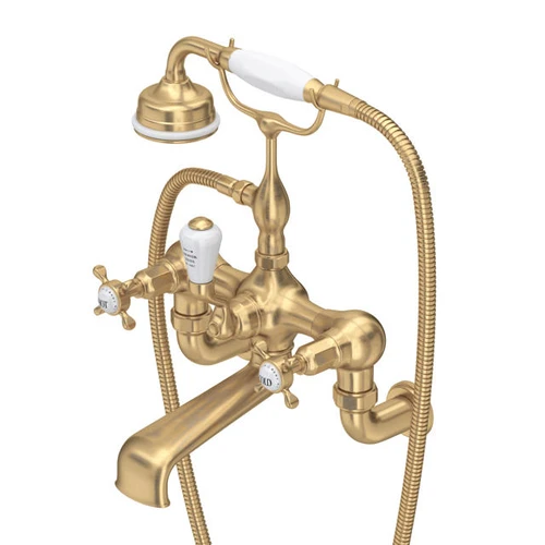 Perrin & Rowe 3511/1 Wall Mounted Shower Mixer Tap, Crosshead Handles - Satin Brass