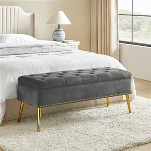 Mid-Century Modern End of Bed Storage Bench with Gray Velvet Seat and Gold Legs Q280-GRKUFSB149236851