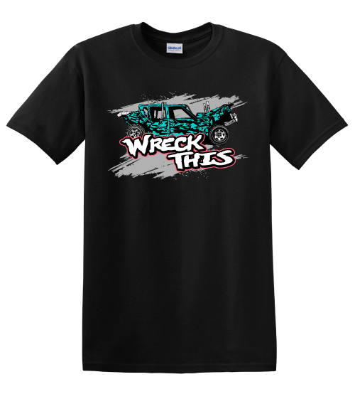front of Strip Cars t-shirt in teal/coral