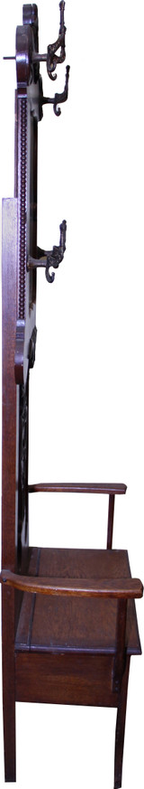 SOLD Oak Carved Lift Seat Bevel Glass Hall Tree