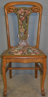 SOLD Set of 6 Heavily Carved Upholstered Oak Dining Chairs