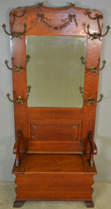SOLD Antique Hall Tree, Carved Oak Double Mirror Lift Seat Hall Bench