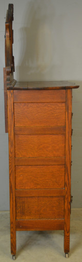 SOLD Antique Oak Tall Dresser, Carved Bevel Mirror Tall Chest