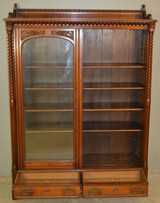 SOLD Antique Victorian Two Door Walnut Bookcase w/Pillars & Carved Backsplash