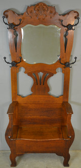 SOLD Antique Hall Tree, Victorian Carved Bevel Glass Mirror Oak Storage Bench