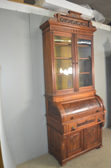 SOLD Antique Cylinder Victorian Burl Walnut Bookcase Desk
