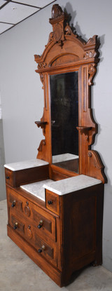 SOLD Antique Victorian Marble Top Burl Walnut Drop Center Dresser