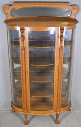 SOLD Antique Victorian Oak Curved Glass China Closet Claw Feet Lion Heads