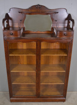 SOLD Antique Oak Mirror Gallery Back Double Drawer Double Door Bookcase
