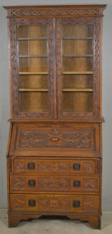 SOLD Antique Oak Carved Slant Top Secretary Bookcase Desk