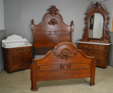 SOLD Antique Victorian Marble Top Three Piece Carved Bed Set