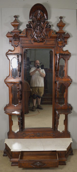 SOLD Antique Walnut Victorian Heavily Carved Marble Top Etagere