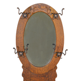 SOLD Antique Victorian Tiger Oak Hall Tree with Oval Beveled Mirror – 1890s