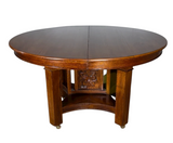 Antique Round Oak Dining Table w/ Story Book Panel Base - Mission Style #22483