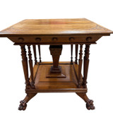 Victorian Carved Square Center Table  w/ Claw Feet, Lower Shelf #22532