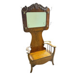 Victorian Quarter-Sawn Oak Hall Tree with Beveled Mirror, Storage Bench #22554