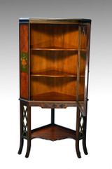 SOLD Vintage Hand Paint Decorated Walnut Corner China Cabinet – 1930s