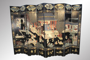 SOLD Antique Black Oriental 8-panel Illustrated Screen Room Divider