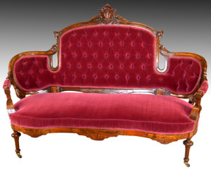SOLD Victorian Carved Beautiful Burl Walnut Tufted Loveseat
