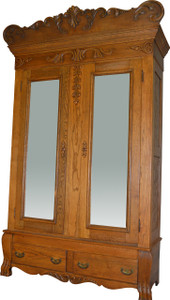 SOLD Oak Carved Bevel Glass Mirror American Wardrobe
