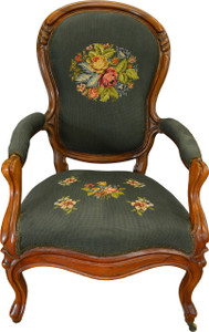 SOLD Victorian Gentlemen’s Carved Arm Chair with Needlepoint Seat & Back