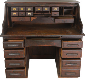 SOLD Oak Roll Top Desk with Carved Handles