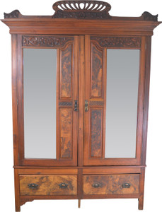 SOLD Victorian Burl Walnut Bevel Glass Carved Wardrobe