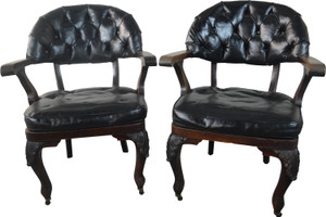SOLD Pair of Mahogany Carved Arm Chairs with Leather